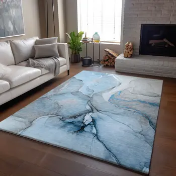 8' X 10' Blue Gray And Ivory Abstract Washable Area Rug With UV Protection