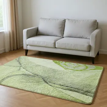 5' X 8' Green Gray And Ivory Abstract Washable Area Rug With UV Protection