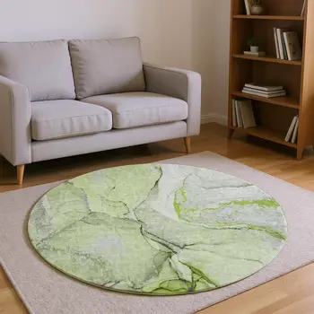 8' Green Gray And Ivory Abstract Washable Round Rug With UV Protection