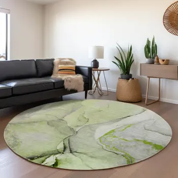 8' Green Gray And Ivory Abstract Washable Round Rug With UV Protection