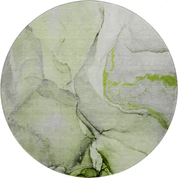 8' Green Gray And Ivory Abstract Washable Round Rug With UV Protection