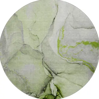 8' Green Gray And Ivory Abstract Washable Round Rug With UV Protection