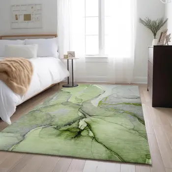 8' X 10' Green Gray And Ivory Abstract Washable Area Rug With UV Protection