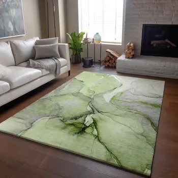 8' X 10' Green Gray And Ivory Abstract Washable Area Rug With UV Protection