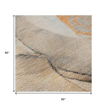 5' X 8' Orange Gray And Ivory Abstract Washable Area Rug With UV Protection