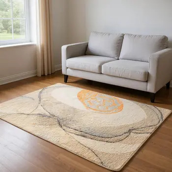 5' X 8' Orange Gray And Ivory Abstract Washable Area Rug With UV Protection