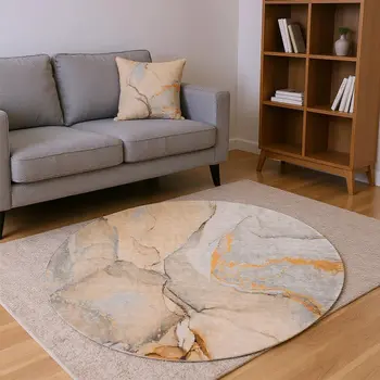 8' Orange Gray And Ivory Abstract Washable Round Rug With UV Protection
