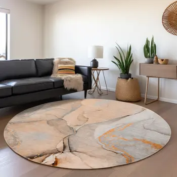 8' Orange Gray And Ivory Abstract Washable Round Rug With UV Protection