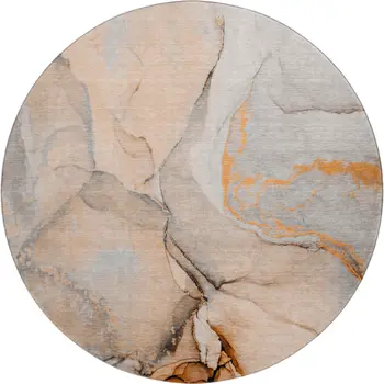 8' Orange Gray And Ivory Abstract Washable Round Rug With UV Protection