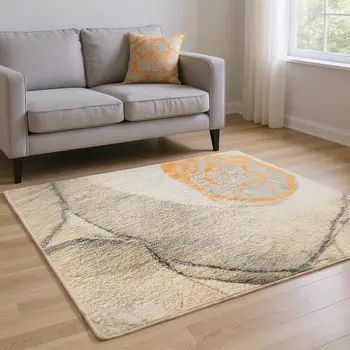 9' X 12' Orange Gray And Ivory Abstract Washable Area Rug With UV Protection