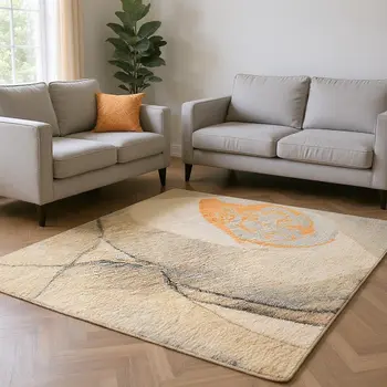 10' X 14' Orange Gray And Ivory Abstract Washable Area Rug With UV Protection