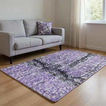 5' X 8' Purple Gray And Ivory Abstract Washable Area Rug With UV Protection
