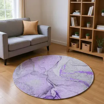 8' Purple Gray And Ivory Abstract Washable Round Rug With UV Protection