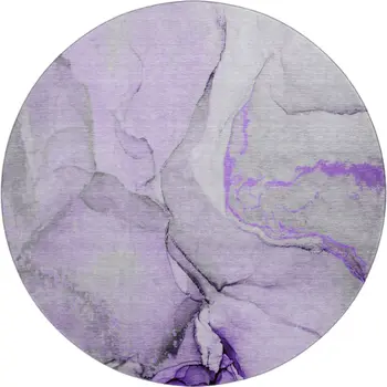 8' Purple Gray And Ivory Abstract Washable Round Rug With UV Protection
