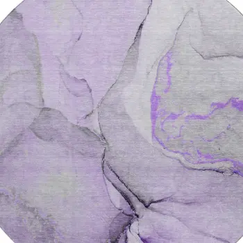 8' Purple Gray And Ivory Abstract Washable Round Rug With UV Protection