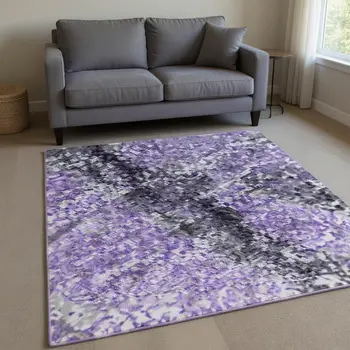 9' X 12' Purple Gray And Ivory Abstract Washable Area Rug With UV Protection