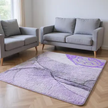 10' X 14' Purple Gray And Ivory Abstract Washable Area Rug With UV Protection