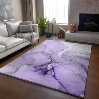 10' X 14' Purple Gray And Ivory Abstract Washable Area Rug With UV Protection
