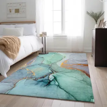 5' X 8' Teal Gold And Ivory Abstract Washable Area Rug With UV Protection