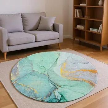 8' Teal Gold And Ivory Abstract Washable Round Rug With UV Protection