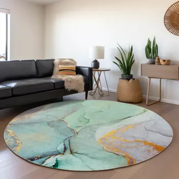 8' Teal Gold And Ivory Abstract Washable Round Rug With UV Protection