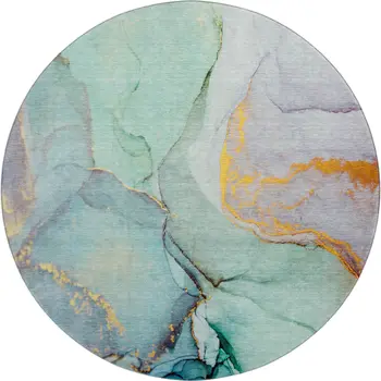 8' Teal Gold And Ivory Abstract Washable Round Rug With UV Protection