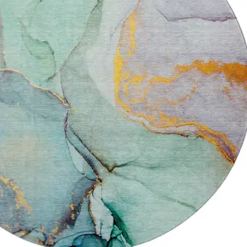 8' Teal Gold And Ivory Abstract Washable Round Rug With UV Protection