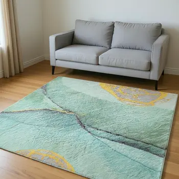 10' X 14' Teal Gold And Ivory Abstract Washable Area Rug With UV Protection