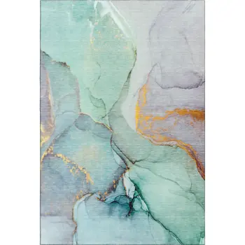 10' X 14' Teal Gold And Ivory Abstract Washable Area Rug With UV Protection
