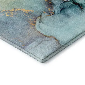 10' X 14' Teal Gold And Ivory Abstract Washable Area Rug With UV Protection