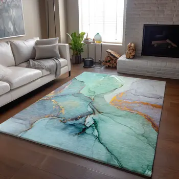 10' X 14' Teal Gold And Ivory Abstract Washable Area Rug With UV Protection