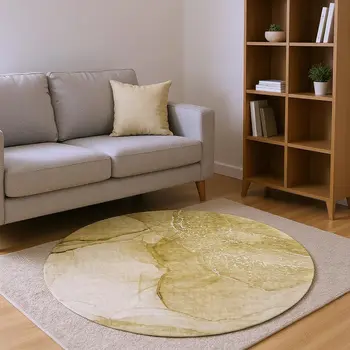 8' Beige And Ivory Abstract Washable Round Rug With UV Protection