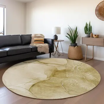 8' Beige And Ivory Abstract Washable Round Rug With UV Protection