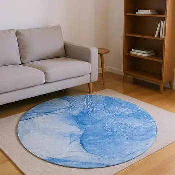 8' Blue And Ivory Abstract Washable Round Rug With UV Protection