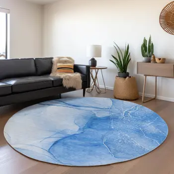 8' Blue And Ivory Abstract Washable Round Rug With UV Protection
