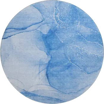8' Blue And Ivory Abstract Washable Round Rug With UV Protection