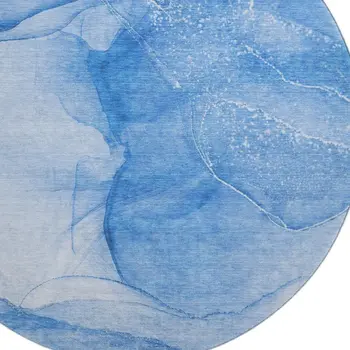 8' Blue And Ivory Abstract Washable Round Rug With UV Protection