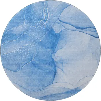 8' Blue And Ivory Abstract Washable Round Rug With UV Protection
