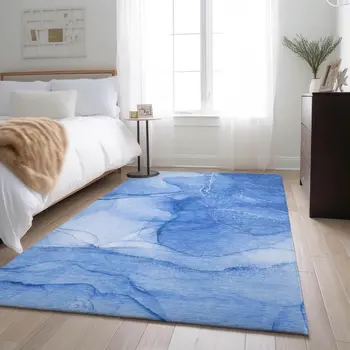8' X 10' Blue And Ivory Abstract Washable Area Rug With UV Protection