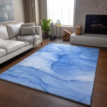 8' X 10' Blue And Ivory Abstract Washable Area Rug With UV Protection