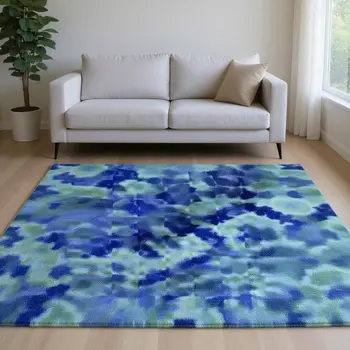 9' X 12' Blue And Ivory Abstract Washable Area Rug With UV Protection