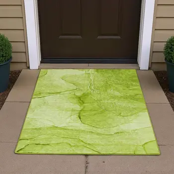 3' X 5' Green And Ivory Abstract Washable Area Rug With UV Protection