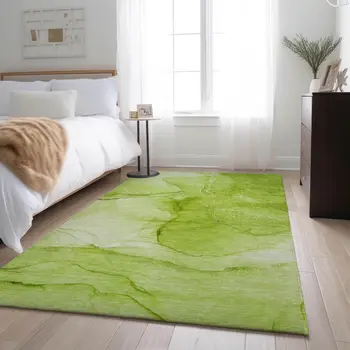 3' X 5' Green And Ivory Abstract Washable Area Rug With UV Protection