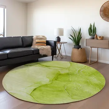 8' Green And Ivory Abstract Washable Round Rug With UV Protection