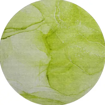 8' Green And Ivory Abstract Washable Round Rug With UV Protection