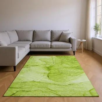 9' X 12' Green And Ivory Abstract Washable Area Rug With UV Protection