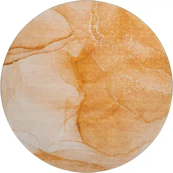 8' Orange And Ivory Abstract Washable Round Rug With UV Protection