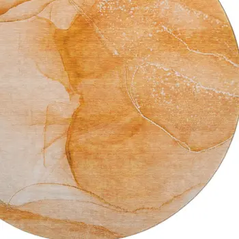 8' Orange And Ivory Abstract Washable Round Rug With UV Protection