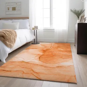 9' X 12' Orange And Ivory Abstract Washable Area Rug With UV Protection