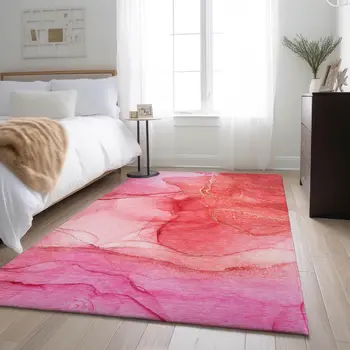 3' X 5' Pink And Ivory Abstract Washable Area Rug With UV Protection